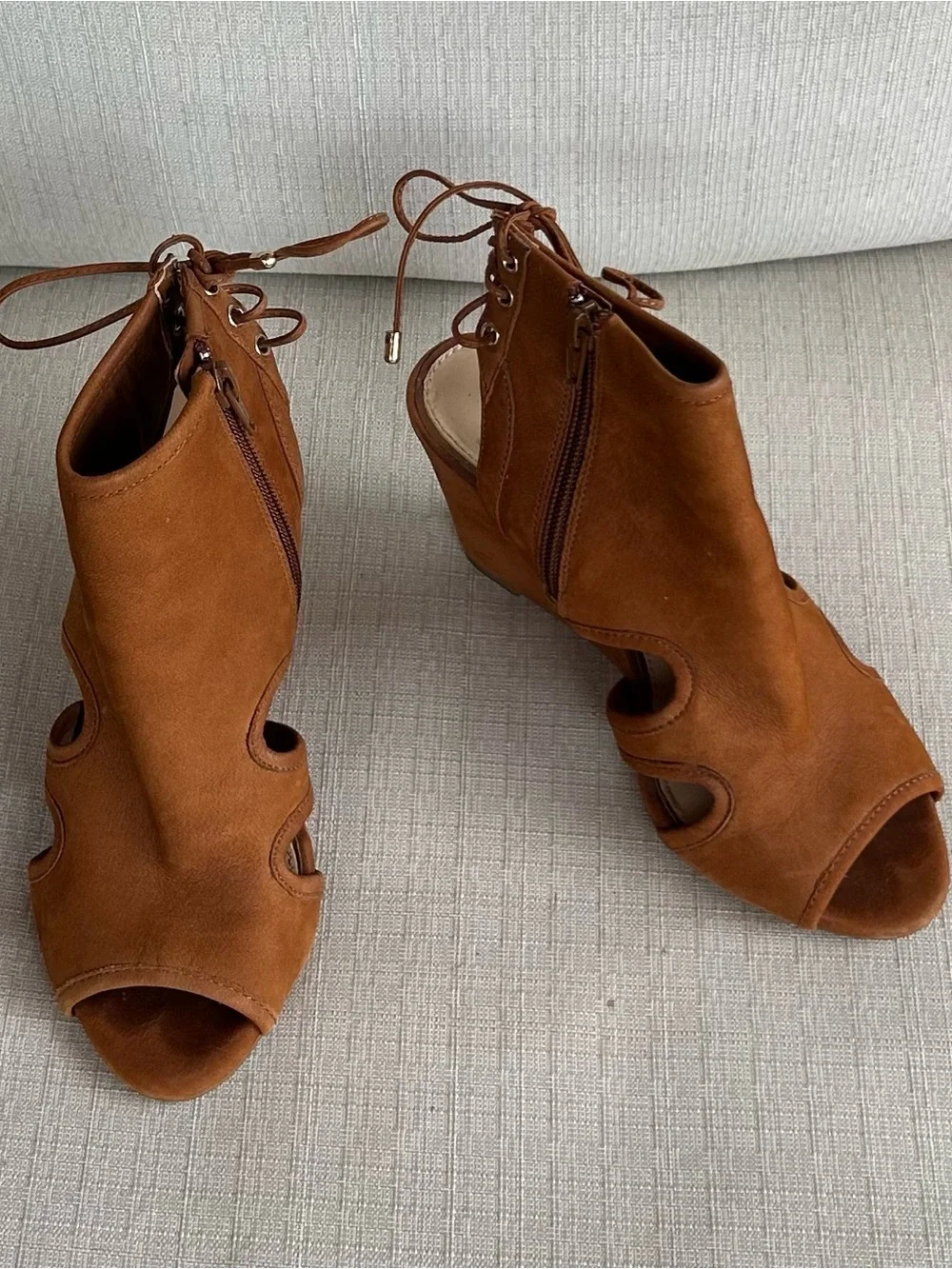 Gianni Bini Suede Lace-Up Heels in Cognac Brown